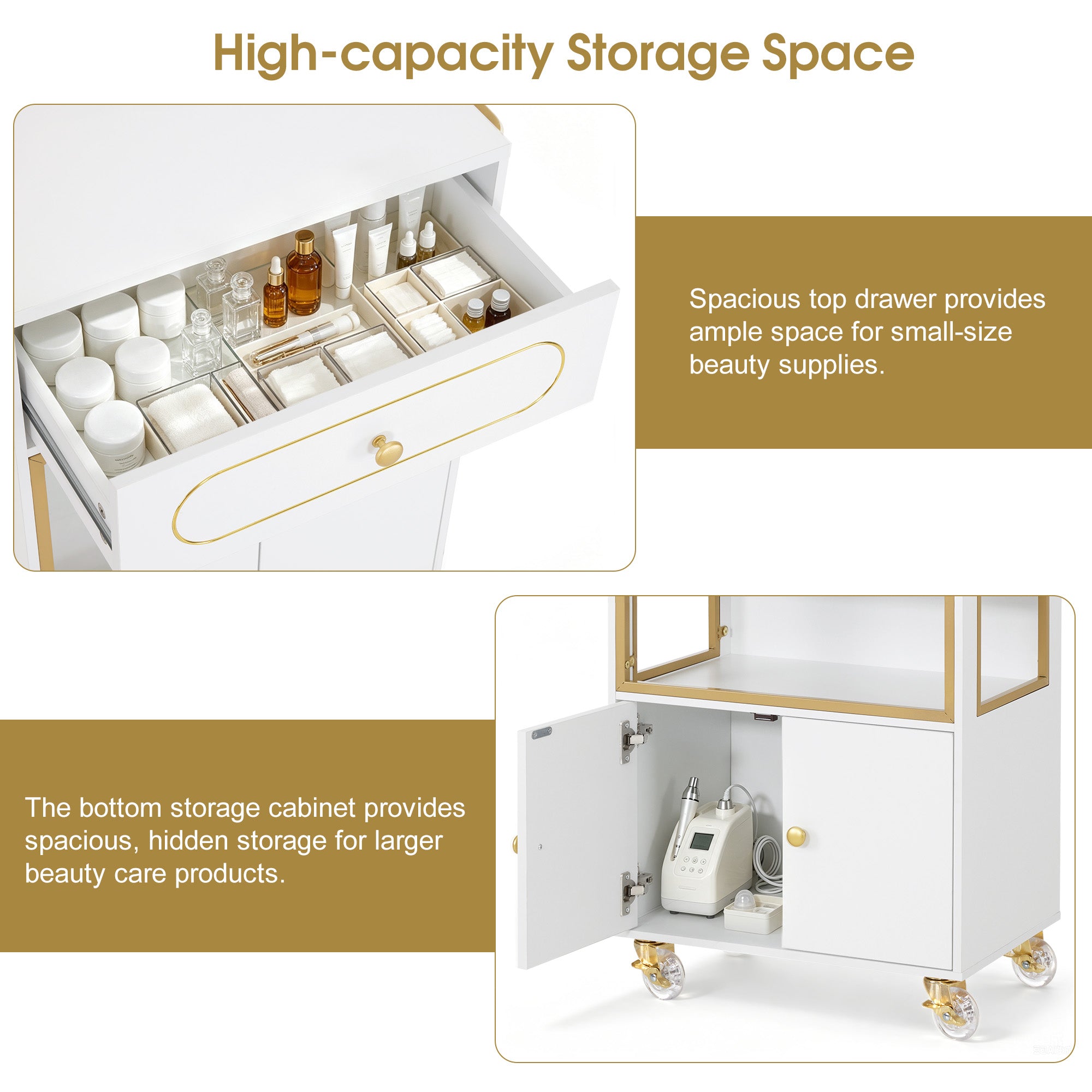 BarberPub Salon Trolley Cart with Drawer & Lockable Wheels 2077   | Premium White & Gold Salon Cart with Ample Multi-Drawer Storage, Spa Professional Cart with Storage Cabinet & Shelf