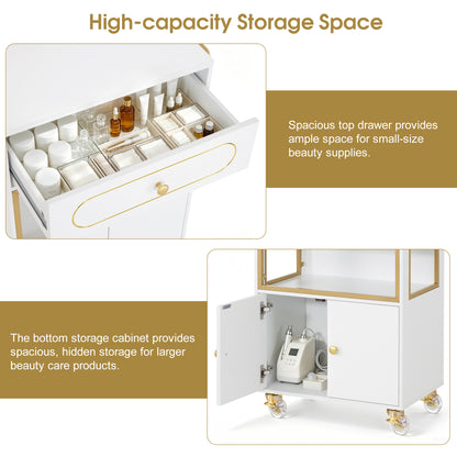 BarberPub Salon Trolley Cart with Drawer & Lockable Wheels 2077   | Premium White & Gold Salon Cart with Ample Multi-Drawer Storage, Spa Professional Cart with Storage Cabinet & Shelf