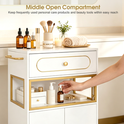 BarberPub Salon Trolley Cart with Drawer & Lockable Wheels 2077   | Premium White & Gold Salon Cart with Ample Multi-Drawer Storage, Spa Professional Cart with Storage Cabinet & Shelf