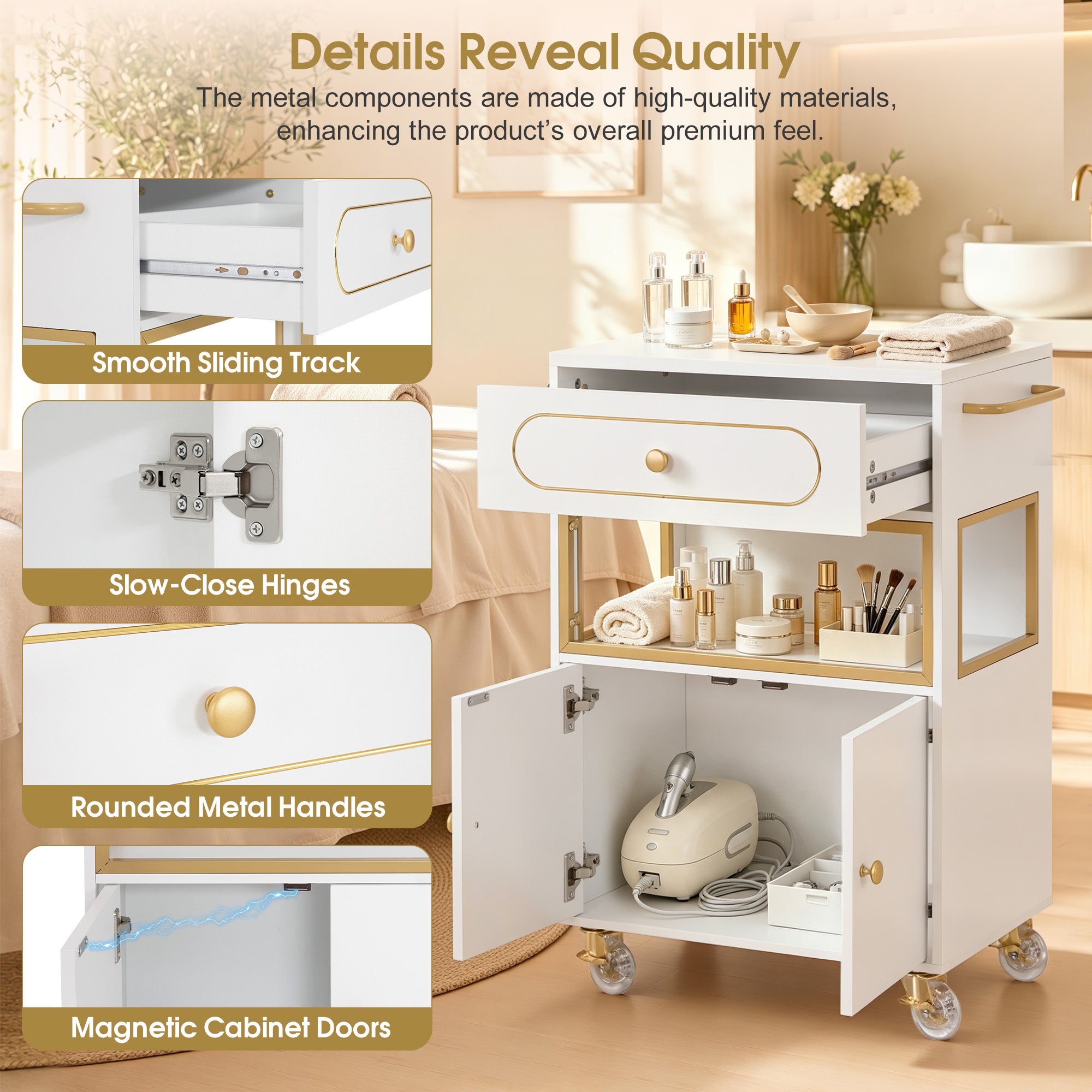 BarberPub Salon Trolley Cart with Drawer & Lockable Wheels 2077   | Premium White & Gold Salon Cart with Ample Multi-Drawer Storage, Spa Professional Cart with Storage Cabinet & Shelf