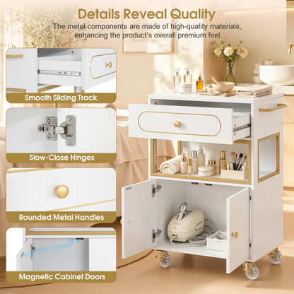 BarberPub Salon Trolley Cart with Drawer & Lockable Wheels 2077   | Premium White & Gold Salon Cart with Ample Multi-Drawer Storage, Spa Professional Cart with Storage Cabinet & Shelf