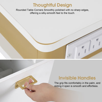 Modern White & Gold Manicure Table with Outlets, Beauty Nail Desk with Big Drawers for Storage 2626