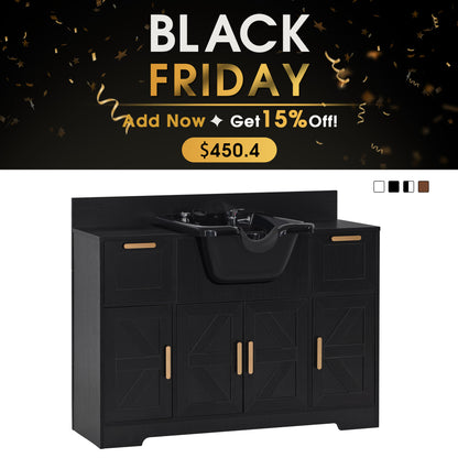 Barber Shampoo Storage Station, Hair Salon Shampoo Equipment with Backwash Sink & Cabinet 7137