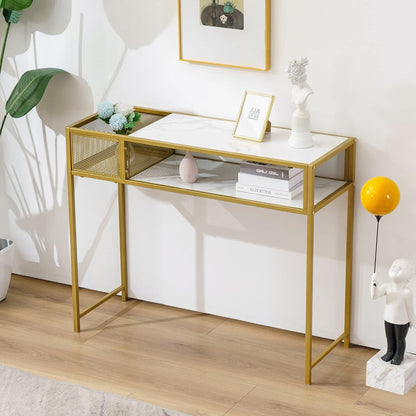 Barberpub Nail Table with Glass Shelves and Gold Metal Frame, Manicure Station Beauty Desk