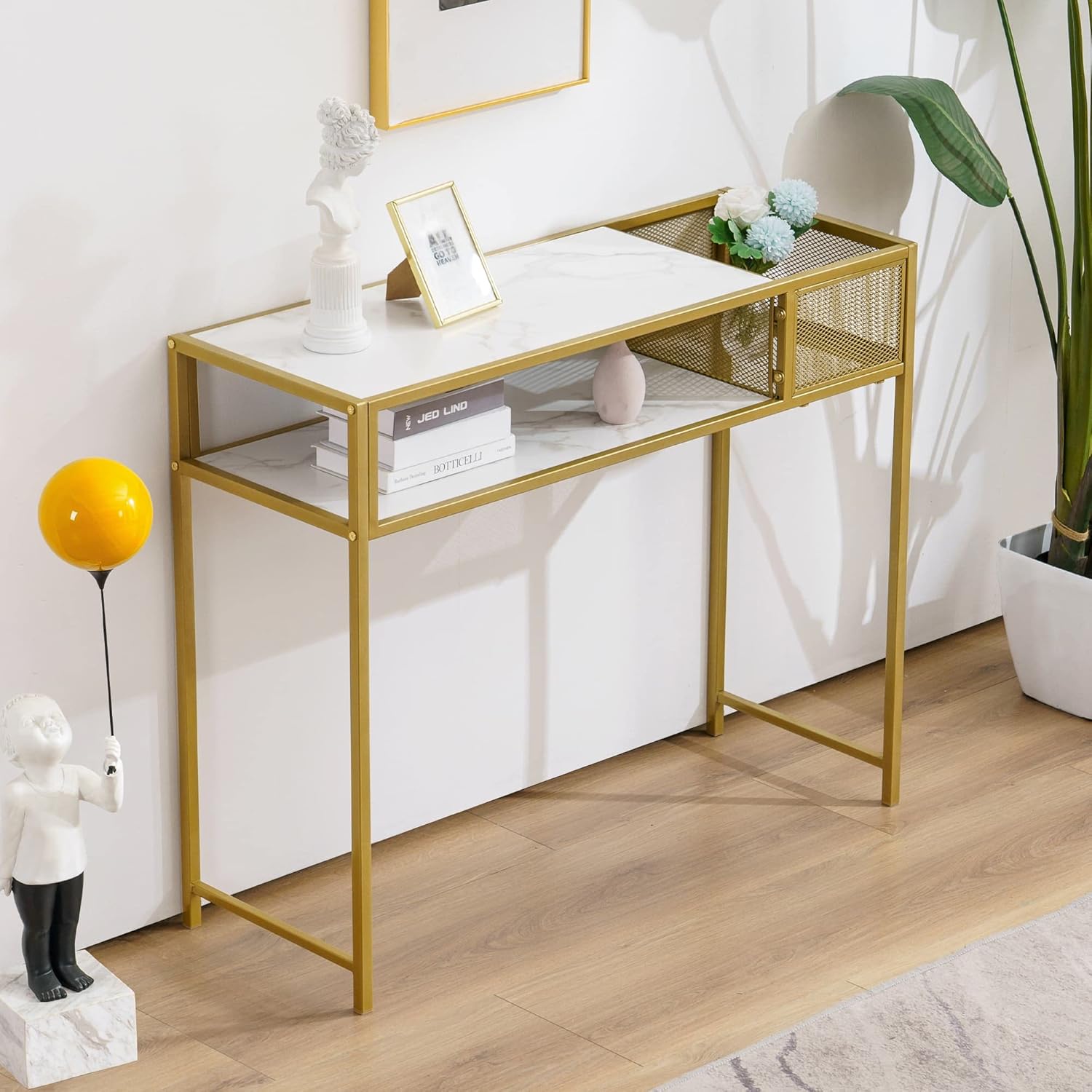 Barberpub Nail Table with Glass Shelves and Gold Metal Frame, Manicure Station Beauty Desk