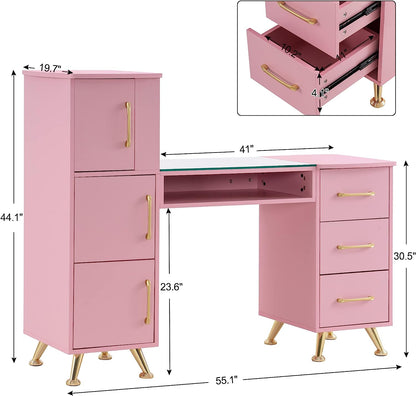 BarberPub the Set of Nail Desk&Nail Chair for Nail Tech Beauty Salon Manicure Equipment 2611-3513PINK