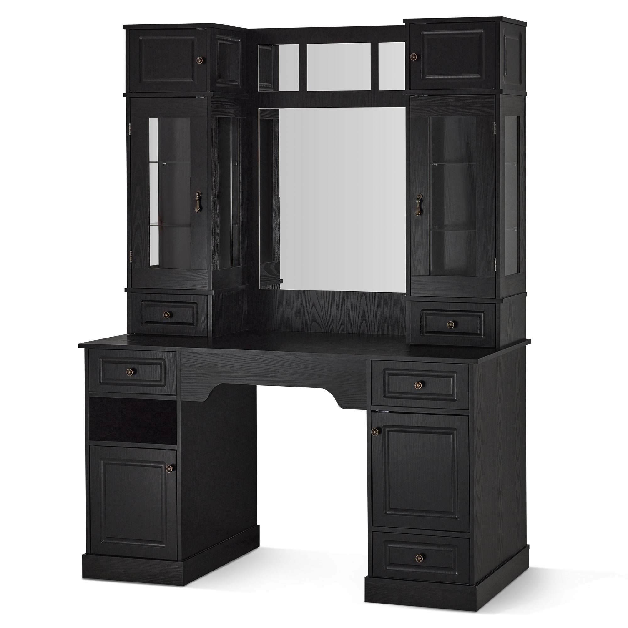 Black Vintage Barber Station for Storage, Classic Salon Workstation with Integrated Mirror 3149