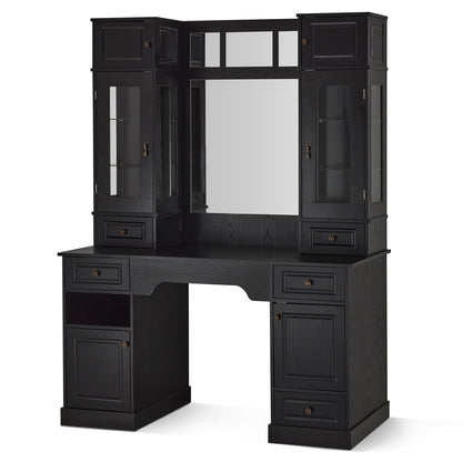 Black Vintage Barber Station for Storage, Classic Salon Workstation with Integrated Mirror 3149