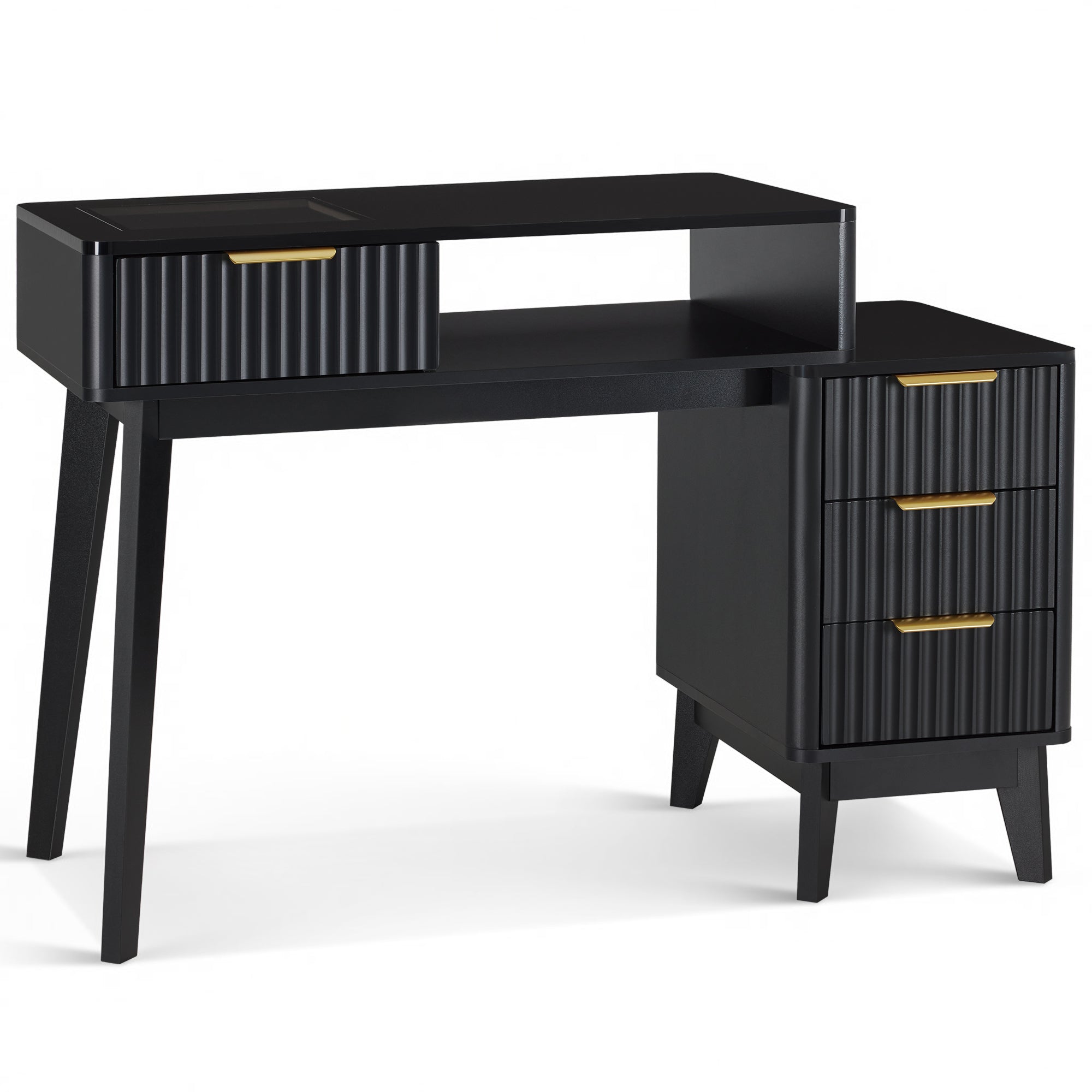 BarberPub Professional Manicure Table, High Gloss Nail Desk with Glass Display & Storage Drawers 2899