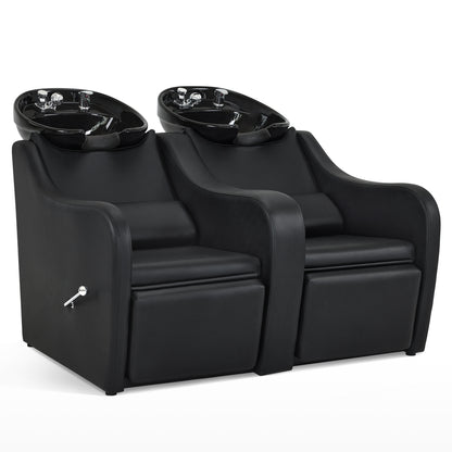 BarberPub Double-Seat Shampoo Station Chair, Ceramic Salon Shampoo Bowl and Chair Set 9061