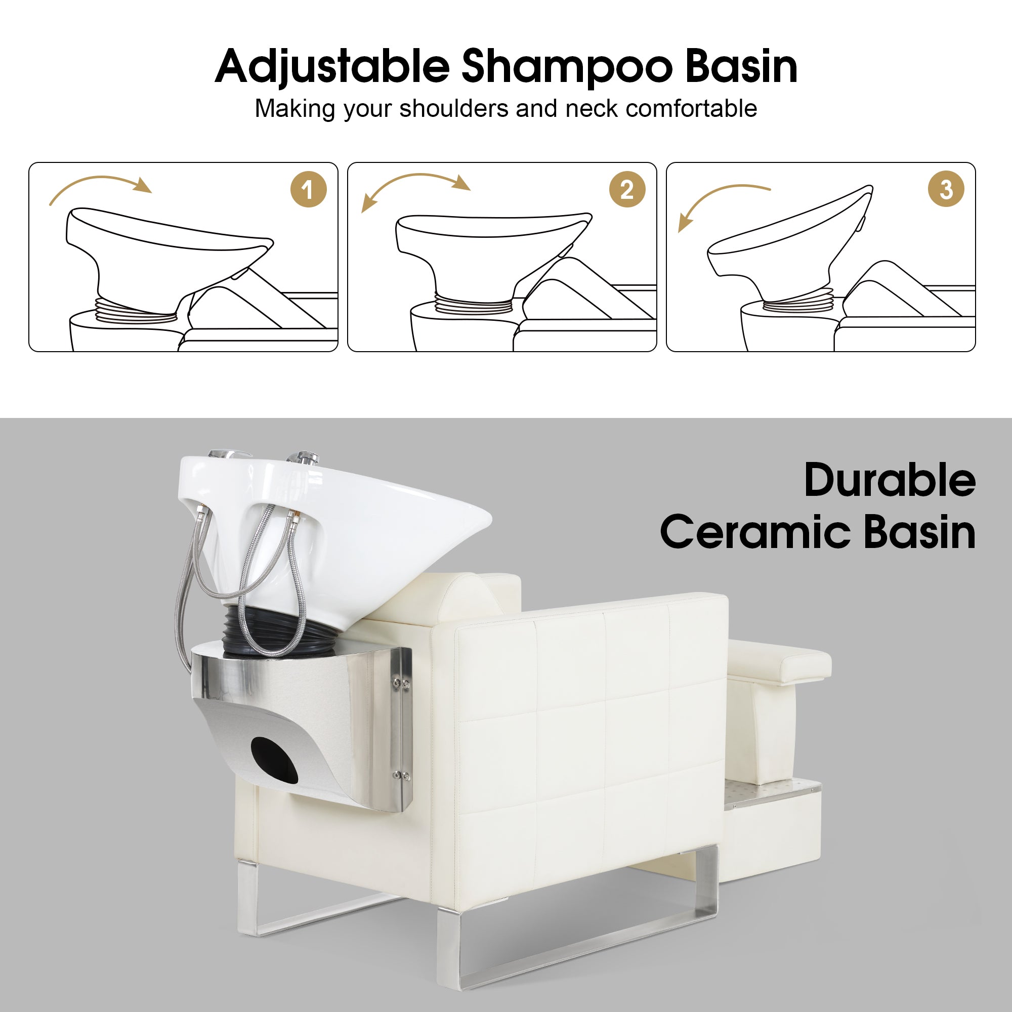 BarberPub Shampoo Station Chair,Backwash Ceramic Bowl and Hair Stylist Chair Set for Salon 9093