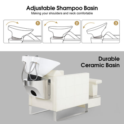 BarberPub Shampoo Station Chair,Backwash Ceramic Bowl and Hair Stylist Chair Set for Salon 9093