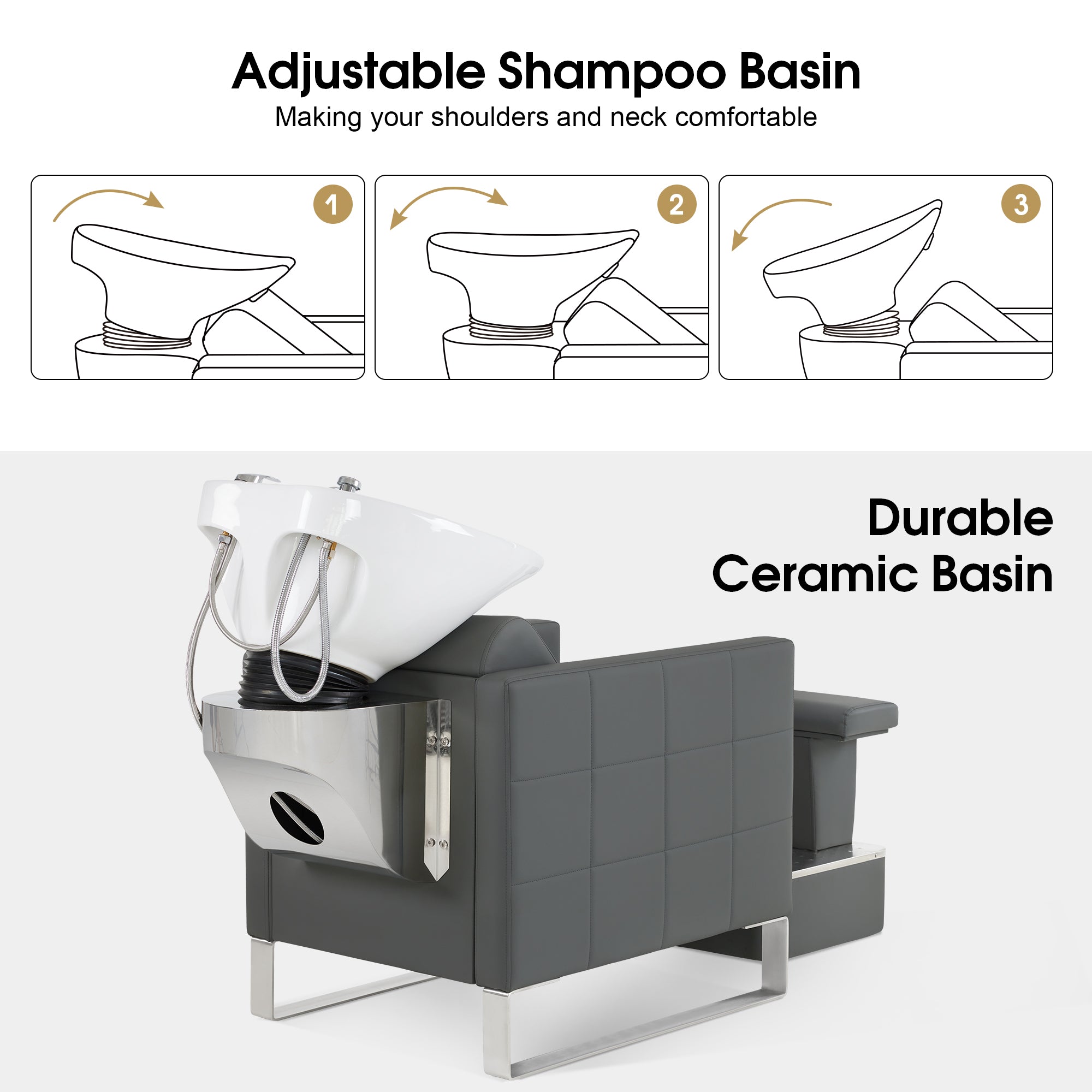 BarberPub Shampoo Station Chair,Backwash Ceramic Bowl and Hair Stylist Chair Set for Salon 9093