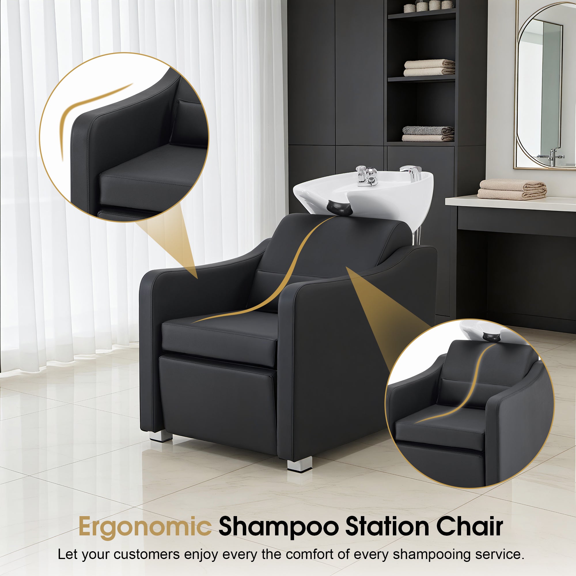 BarberPub Backwash Shampoo Station Chair, Ceramic Hair Wash Bowl for Salon 9364