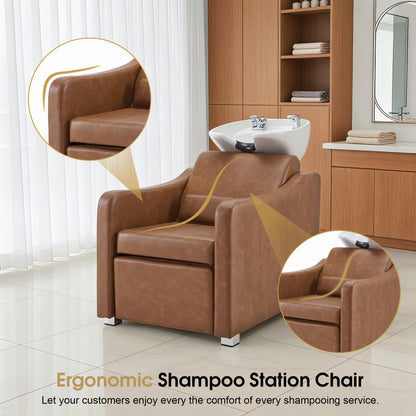 BarberPub Backwash Shampoo Station Chair, Ceramic Hair Wash Bowl for Salon 9364