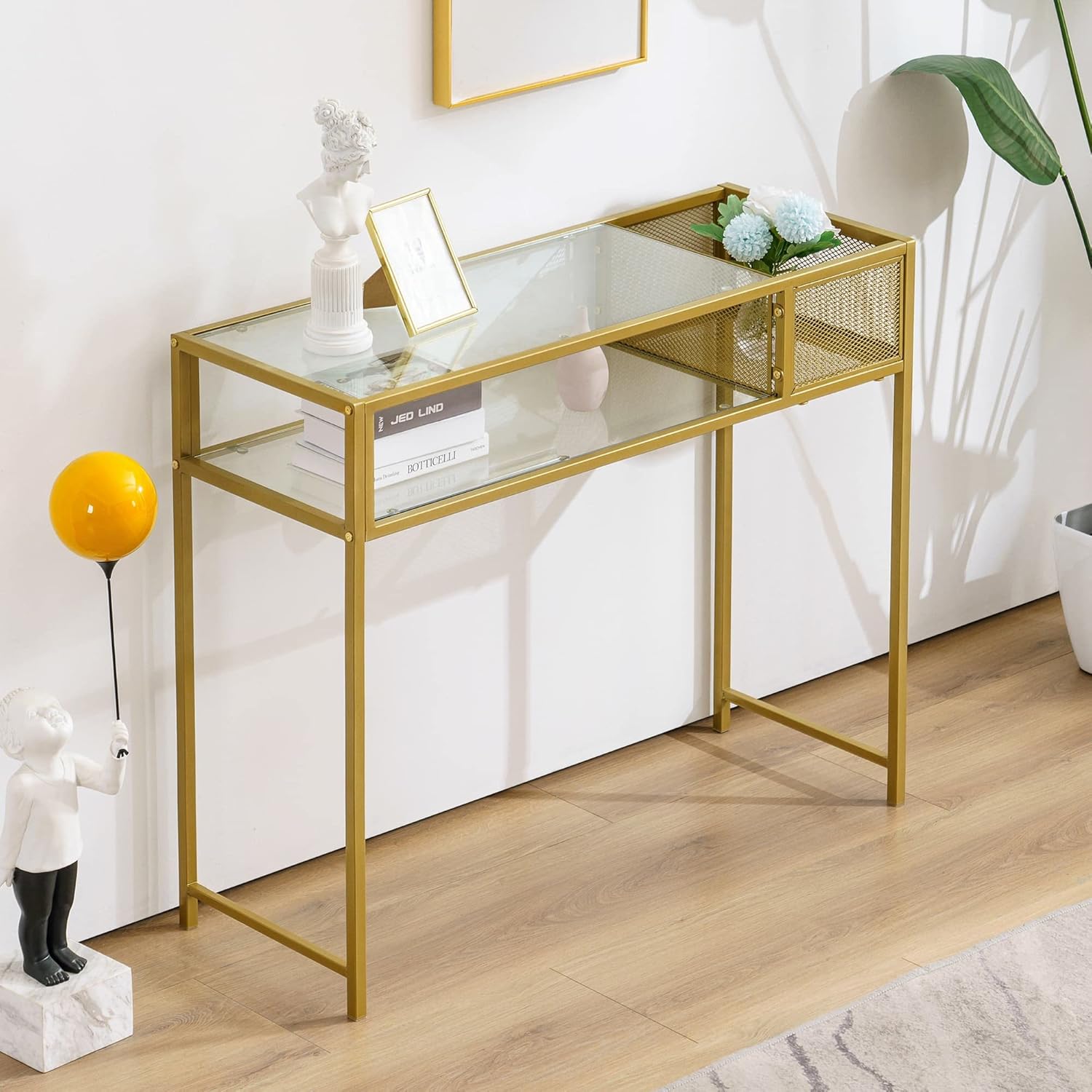 Barberpub Nail Table with Glass Shelves and Gold Metal Frame, Manicure Station Beauty Desk