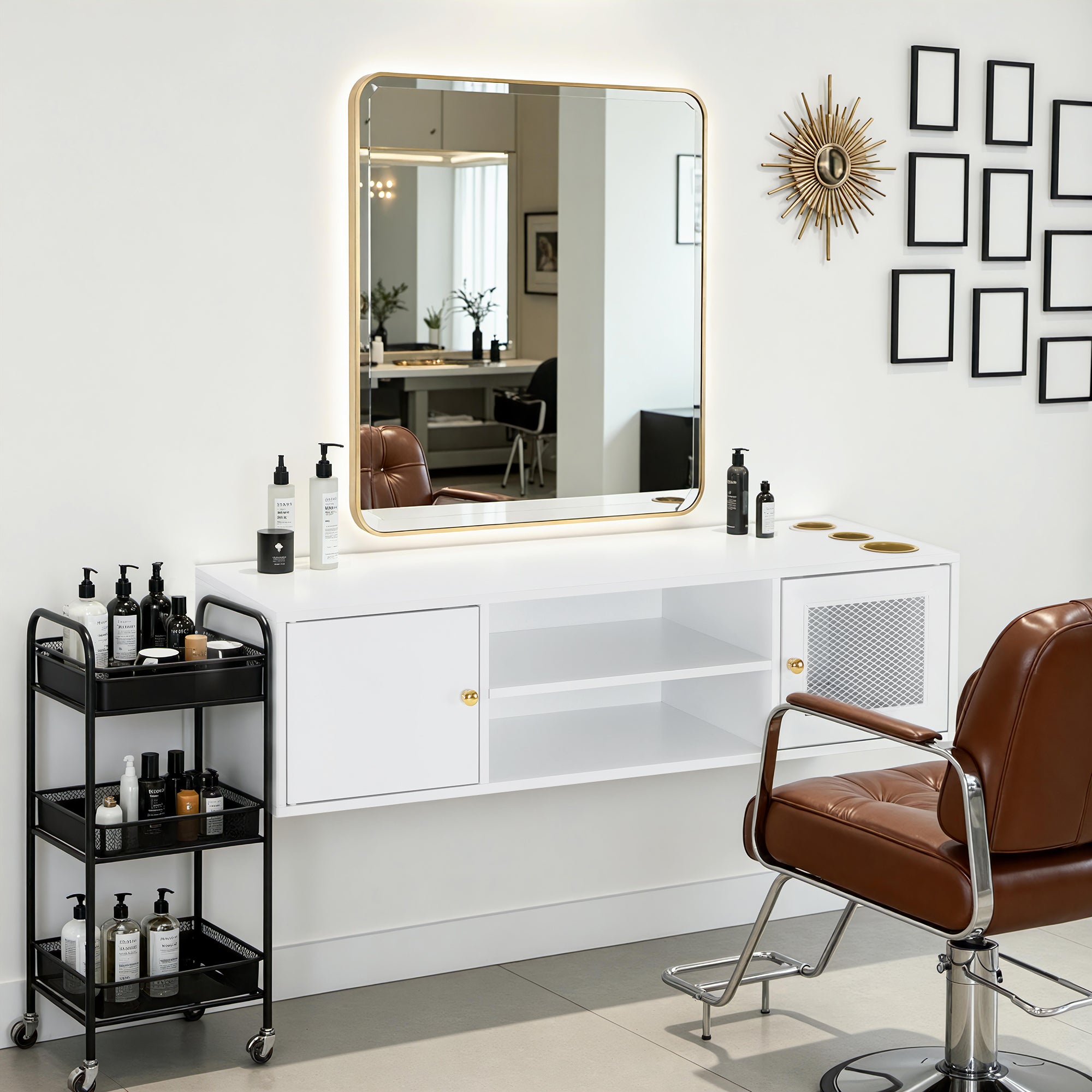 Wall Mount Barber Station for Hair Stylist Salon Stations  with 3 Hair Dryer Holders  2501