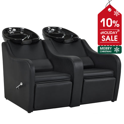 BarberPub Double-Seat Shampoo Station Chair, Ceramic Salon Shampoo Bowl and Chair Set 9061