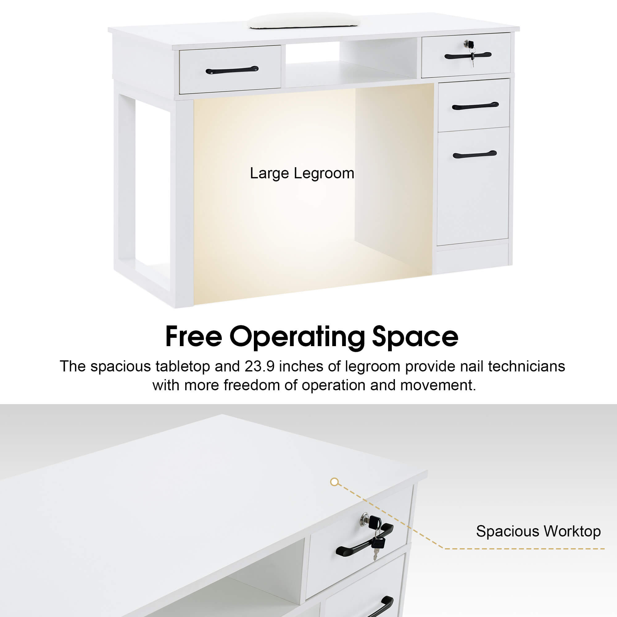 Modern White Manicure Table for Storage, Beauty Nail Art Desk with Lockable Drawer & Cabinet 2844