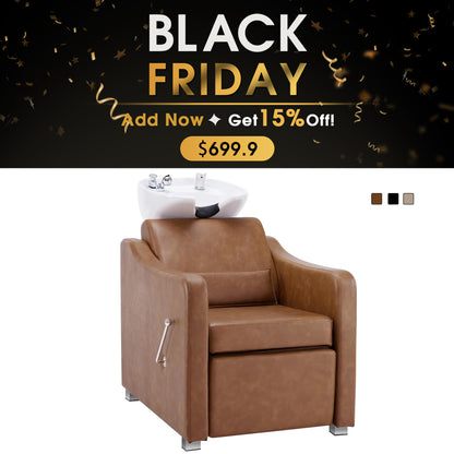 BarberPub Backwash Shampoo Station Chair, Ceramic Hair Wash Bowl for Salon 9364