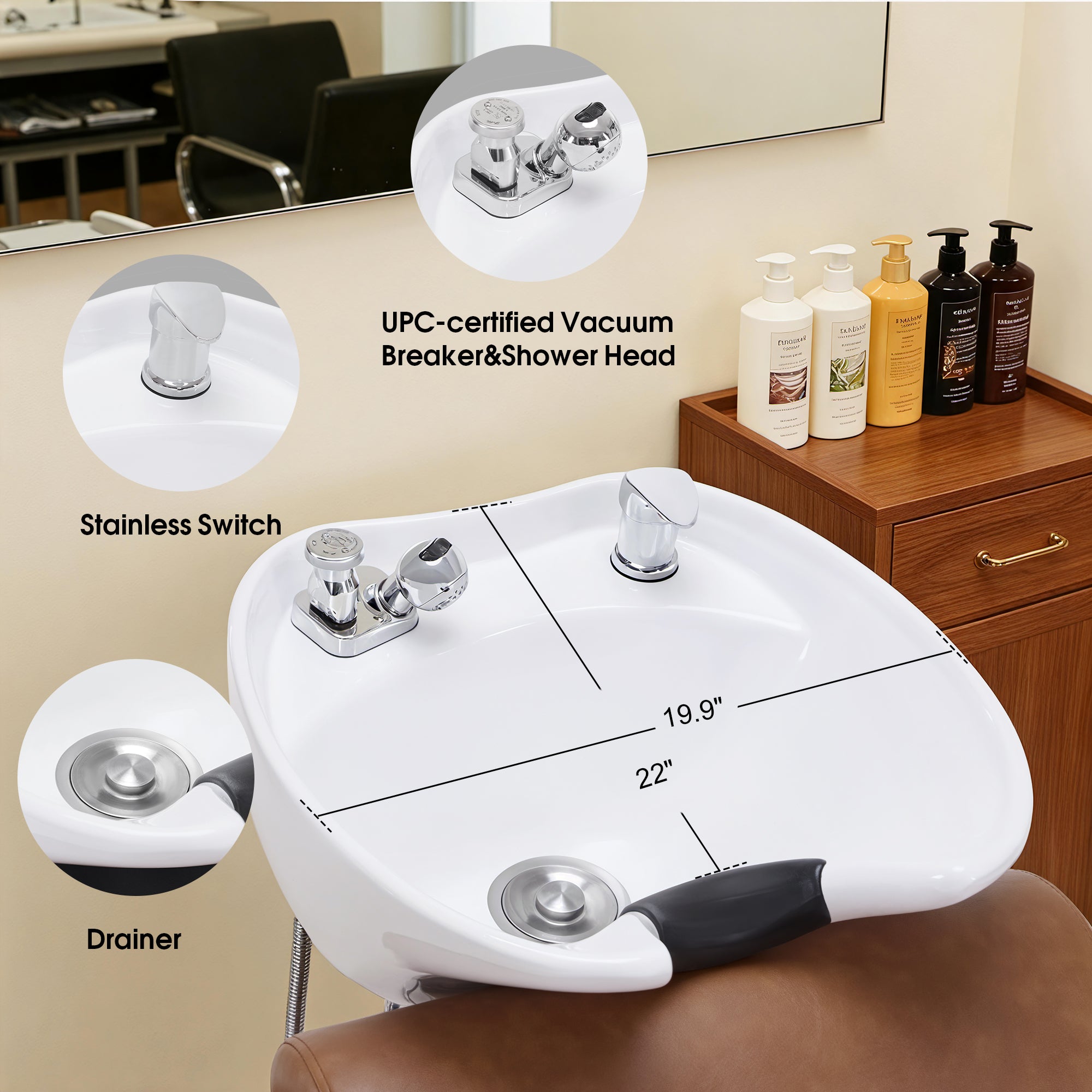 BarberPub Backwash Shampoo Station Chair, Ceramic Hair Wash Bowl for Salon 9364