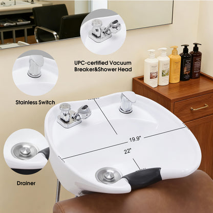 BarberPub Backwash Shampoo Station Chair, Ceramic Hair Wash Bowl for Salon 9364