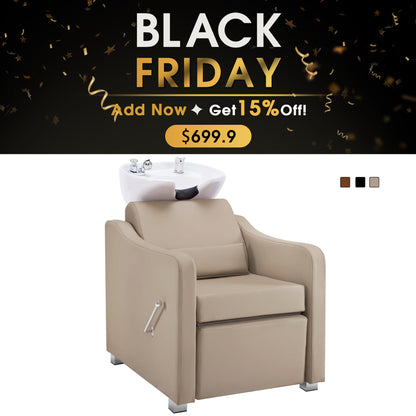 BarberPub Backwash Shampoo Station Chair, Ceramic Hair Wash Bowl for Salon 9364