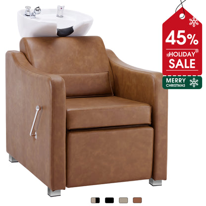 BarberPub Backwash Shampoo Station Chair, Ceramic Hair Wash Bowl for Salon 9364