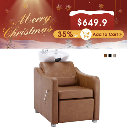 BarberPub Backwash Shampoo Station Chair, Ceramic Hair Wash Bowl for Salon 9364