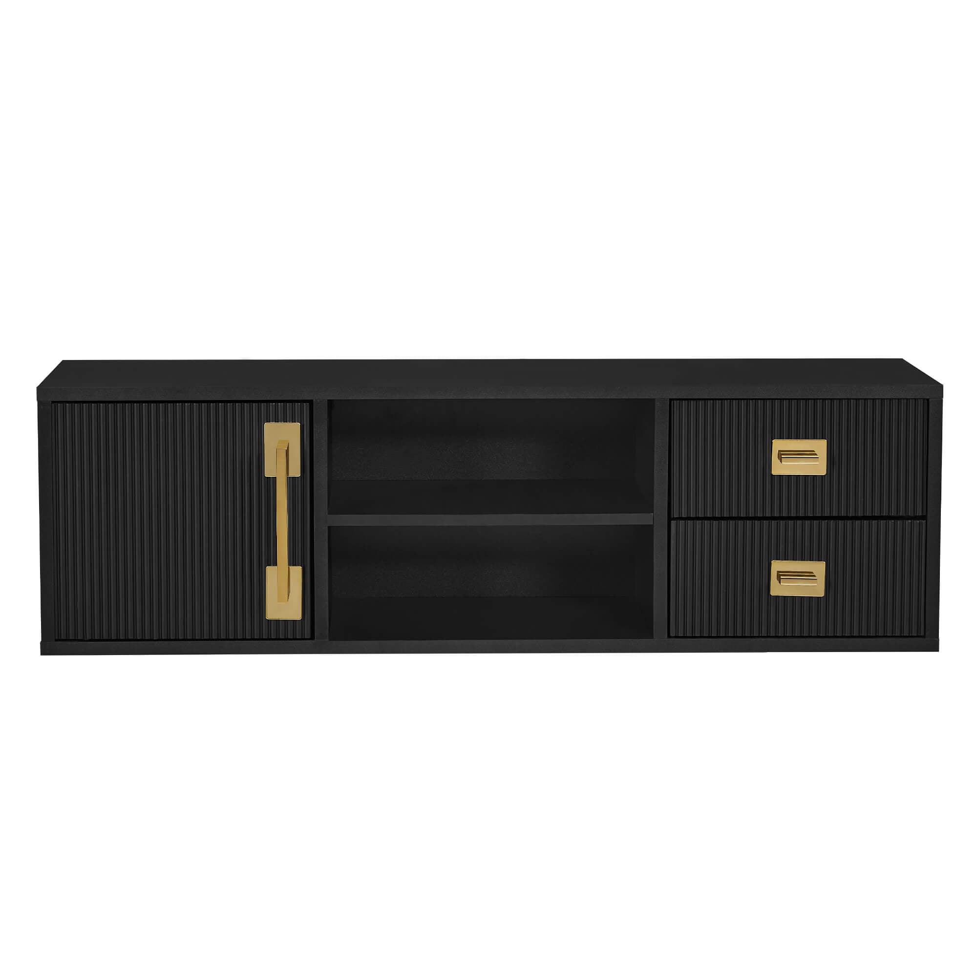 Black Fluted Wall Mounted Barber Station for Storage, Salon Beauty Cabinet with Golden Handle 2504