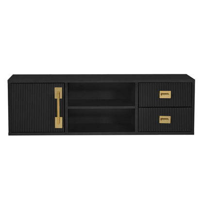 Black Fluted Wall Mounted Barber Station for Storage, Salon Beauty Cabinet with Golden Handle 2504