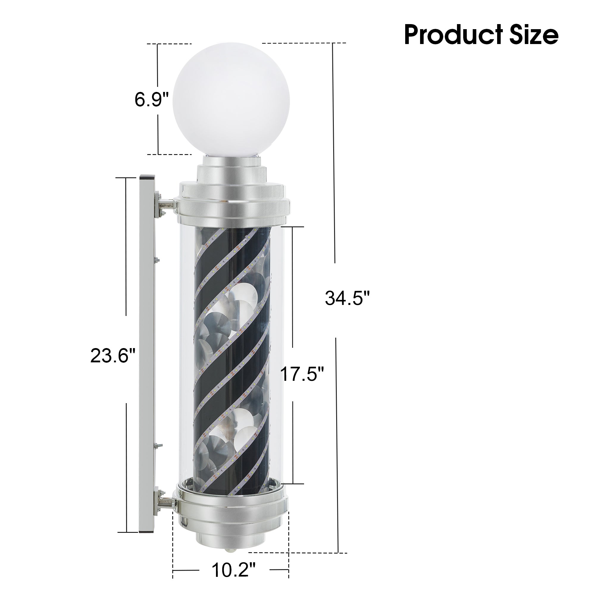 Black & White LED Barber Pole Light, Spinning Waterproof Wall Mounted Salon Sign L014