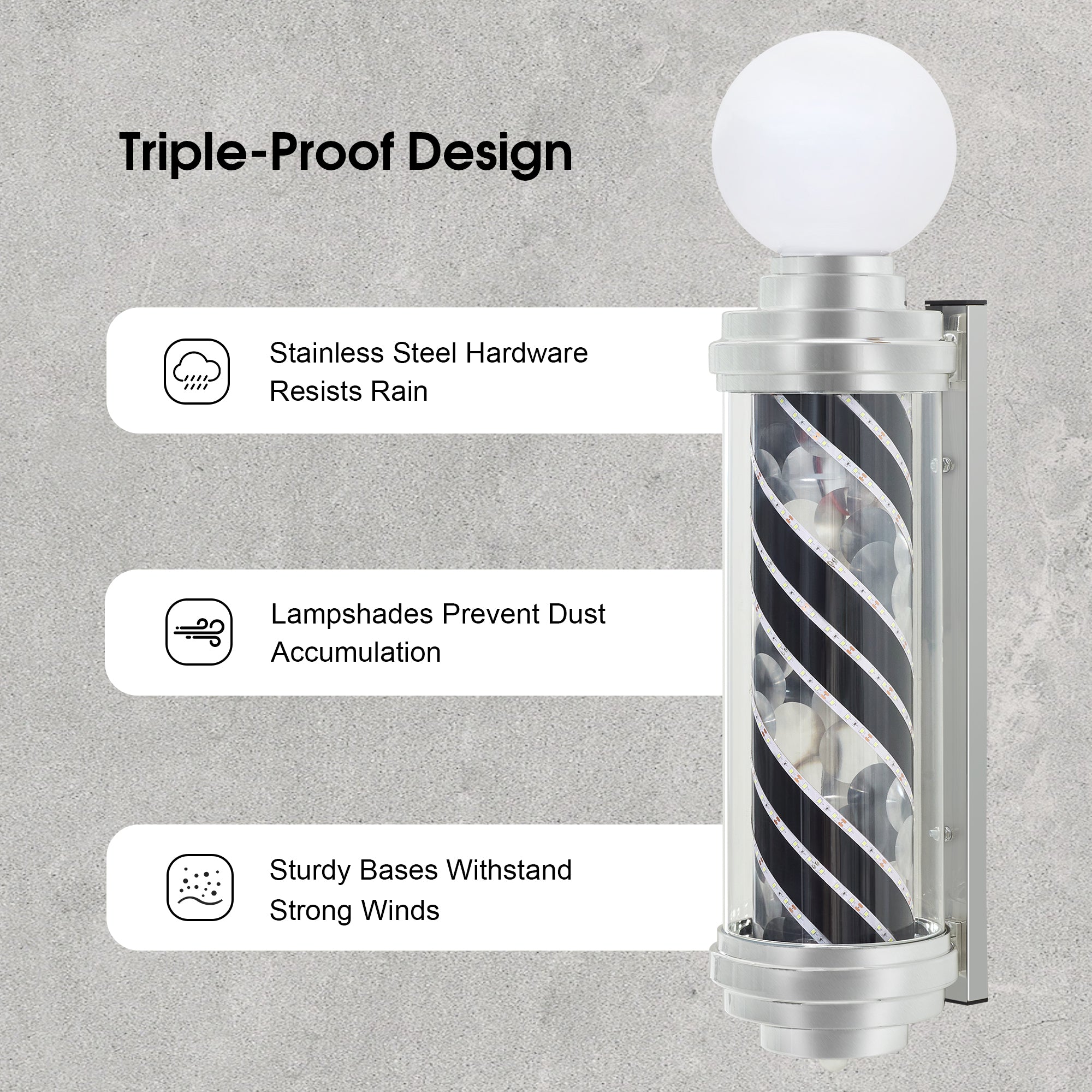 Black & White LED Barber Pole Light, Spinning Waterproof Wall Mounted Salon Sign L014