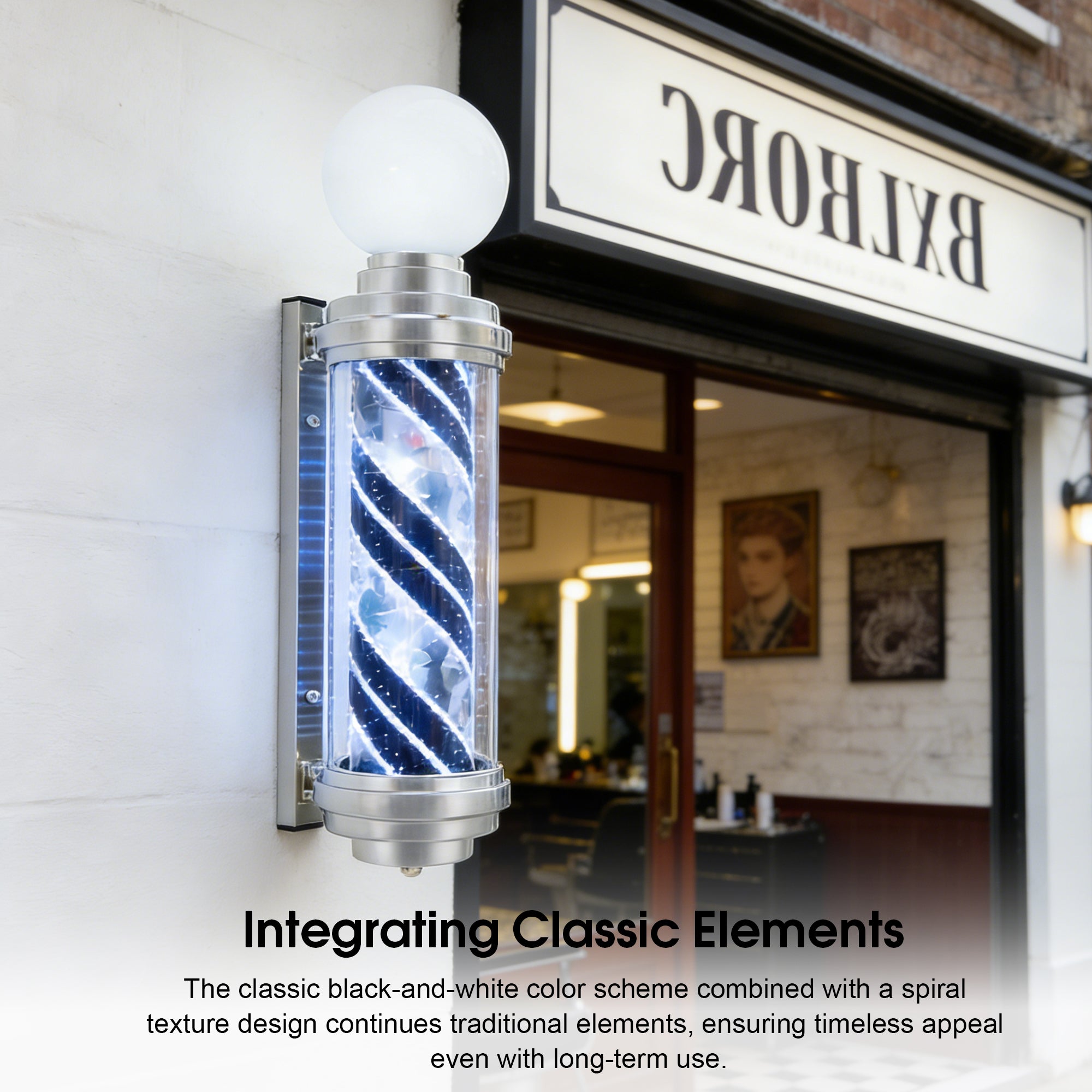 Black & White LED Barber Pole Light, Spinning Waterproof Wall Mounted Salon Sign L014