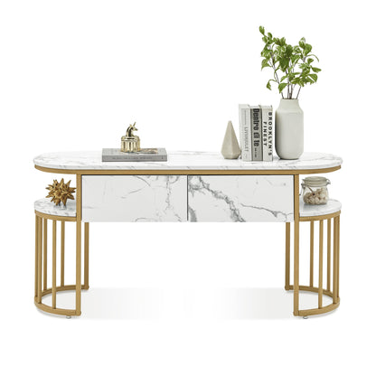 BarberPub White Nail Desk, Modern Faux Marble Top Manicure Table with Gold Metal Frame 6560