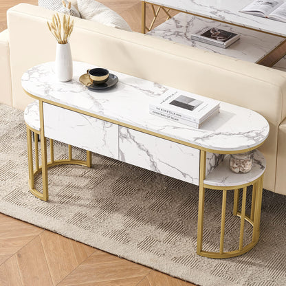 BarberPub White Nail Desk, Modern Faux Marble Top Manicure Table with Gold Metal Frame 6560