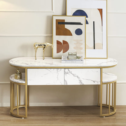 BarberPub White Nail Desk, Modern Faux Marble Top Manicure Table with Gold Metal Frame 6560