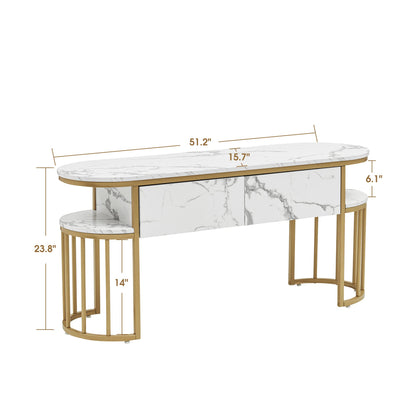 BarberPub White Nail Desk, Modern Faux Marble Top Manicure Table with Gold Metal Frame 6560