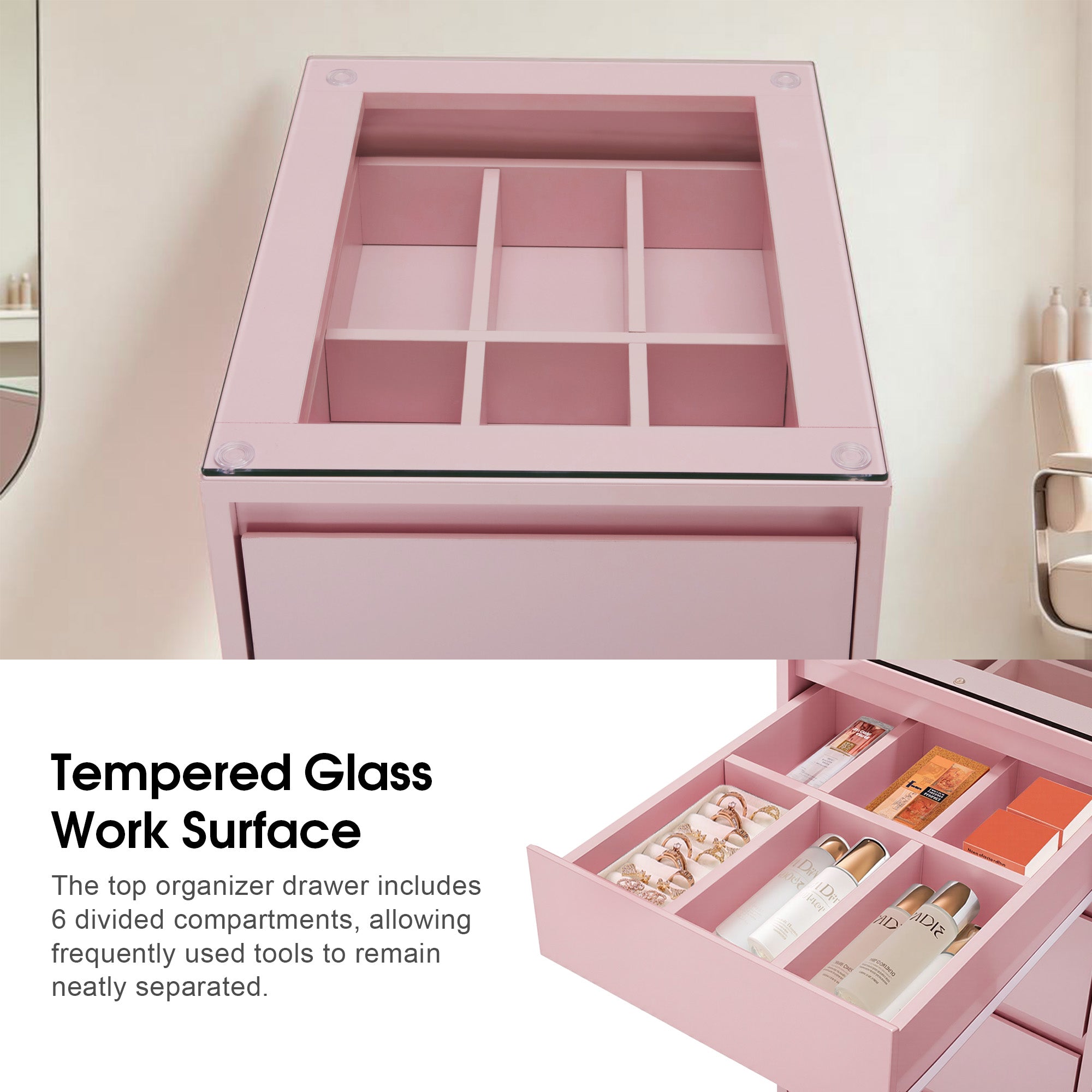 BarberPub Salon Storage Cabinet with Glass Top, Beauty Station 3381-1