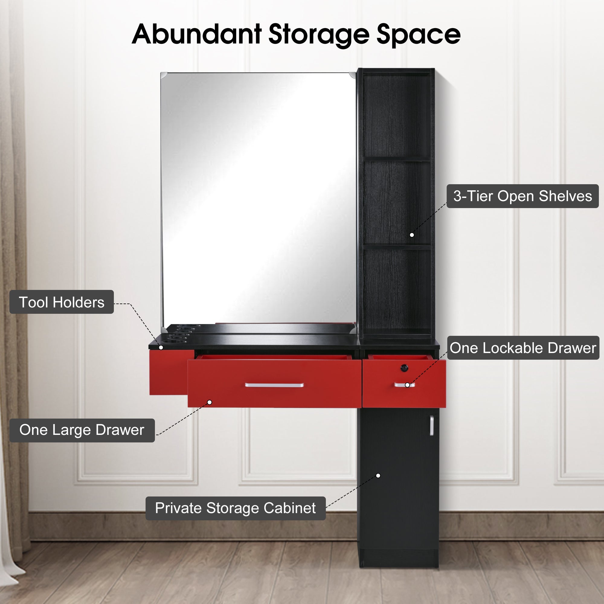 BarberPub Wall Mount Hair Styling Barber Station with Mirror Beauty Equipment 3026