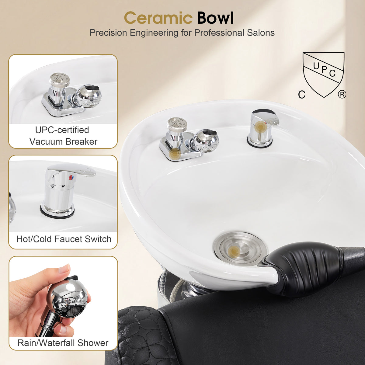 BarberPub Shampoo Chair and Bowl Set, Dual Side Hand Levers, 9043