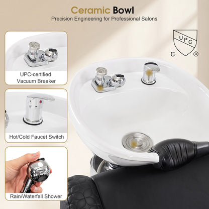 BarberPub Shampoo Chair and Bowl Set, Dual Side Hand Levers, 9043