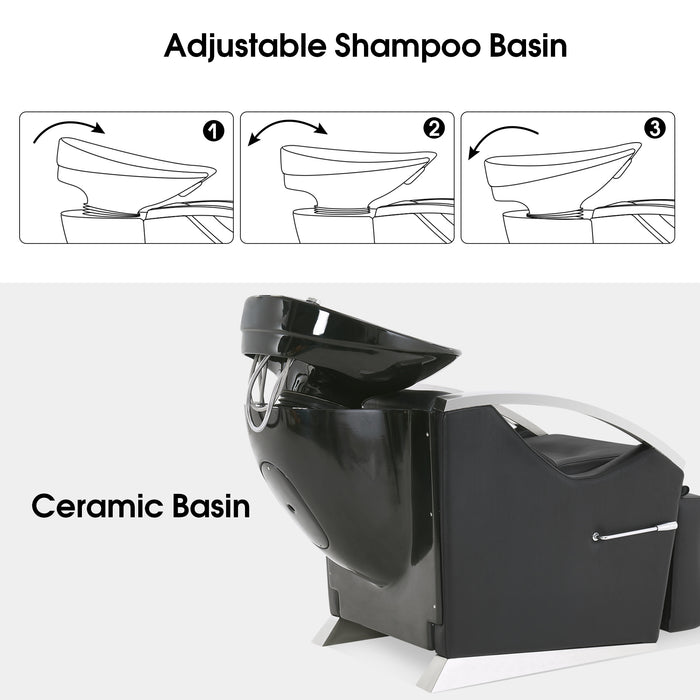 BarberPub Ceramic Bowl Shampoo Chair Extended Ceramic Shampoo Bowl Sink Chair Station for Spa Beauty Salon Professional Hair Salon Equipment 9077
