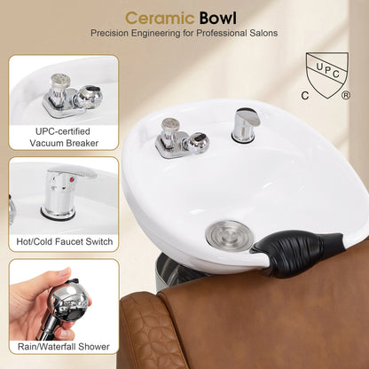 BarberPub Shampoo Chair and Bowl Set, Dual Side Hand Levers, 9043