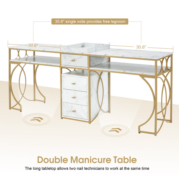 BarberPub Double Manicure Table for 2 person, Nail Station Marbling Texture, Long Nail Desk with Storage Drawers, Double Nail Table for Nail Tech with Metal Frame 2488