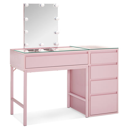 BarberPub Makeup Vanity Desk with Mirror&LED Lights, Glass Top Dressing Table with Jewelry Storage 3381