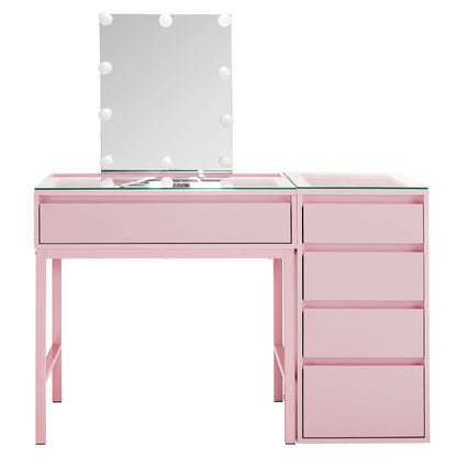 BarberPub Makeup Vanity Desk with Mirror&LED Lights, Glass Top Dressing Table with Jewelry Storage 3381