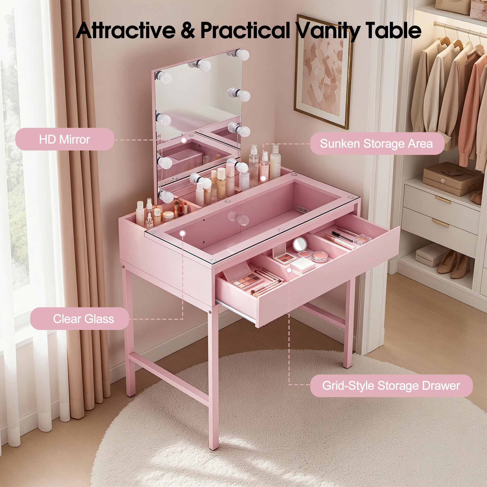 BarberPub Vanity Desk with Mirror&amp;LED Lights, Storage Dressing Table 3381