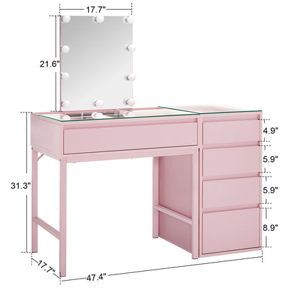 BarberPub Makeup Vanity Desk with Mirror&LED Lights, Glass Top Dressing Table with Jewelry Storage 3381