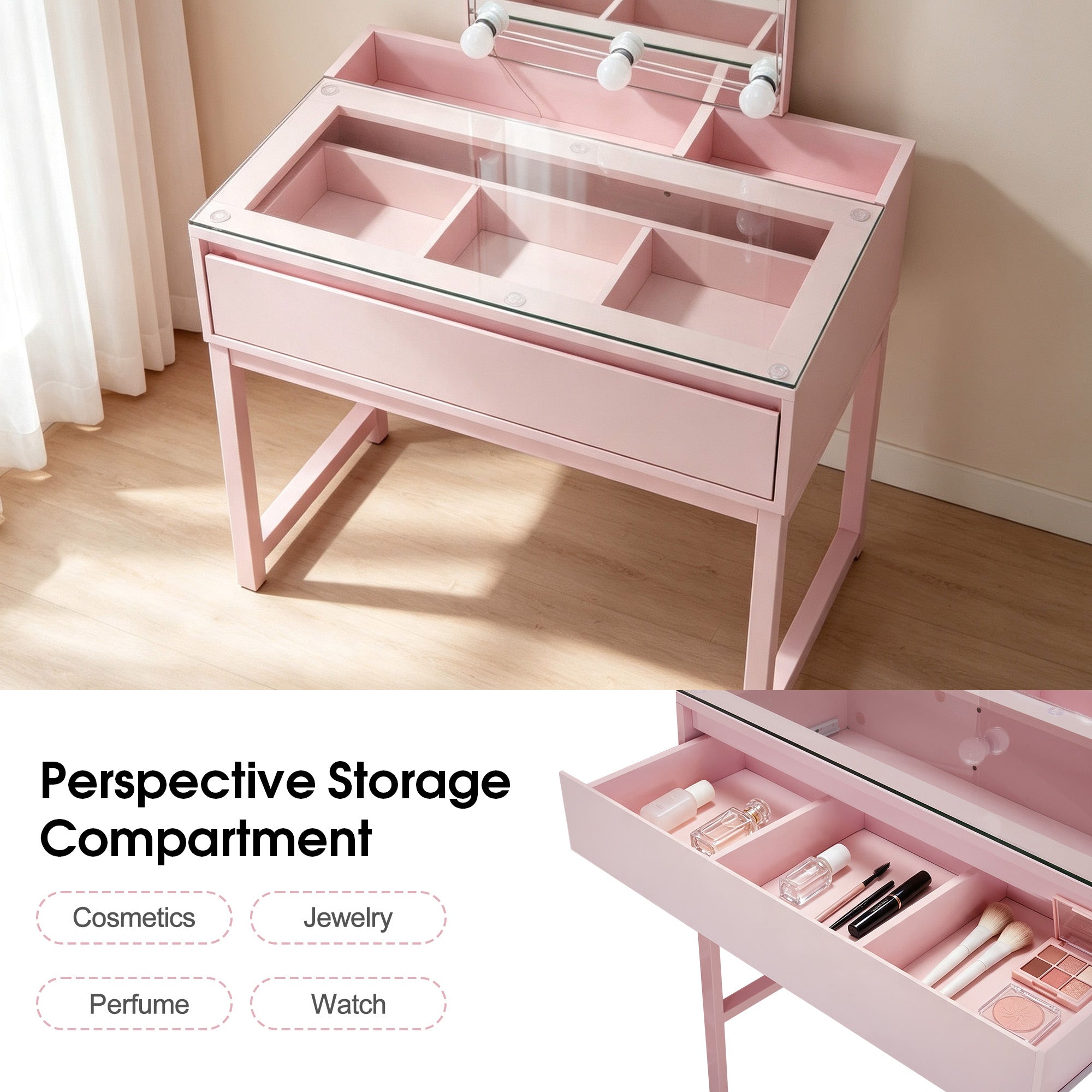 BarberPub Vanity Desk with Mirror&amp;LED Lights, Storage Dressing Table 3381